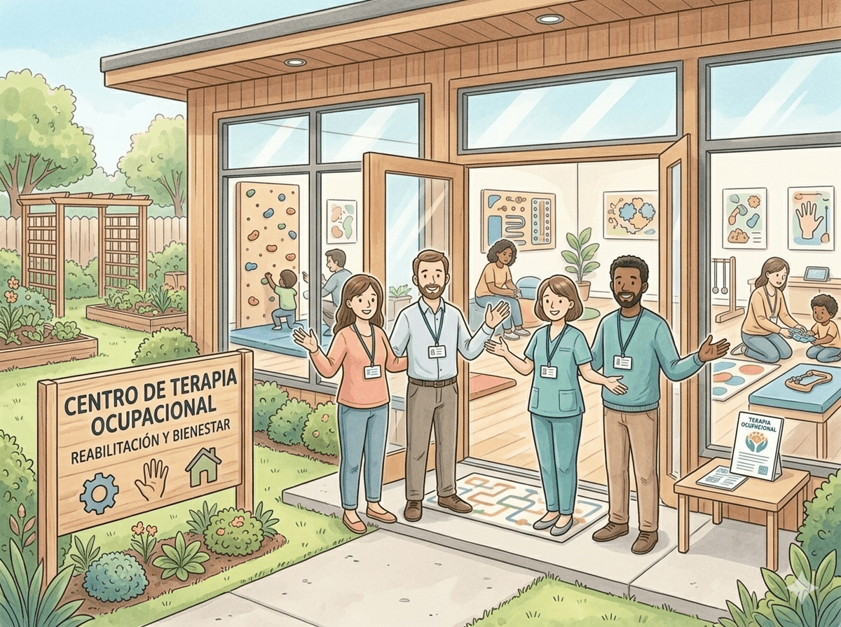 Ilustración de UbunTea: centro con fachada acogedora, equipo de profesionales en la entrada y espacios de terapia visibles en el interior.