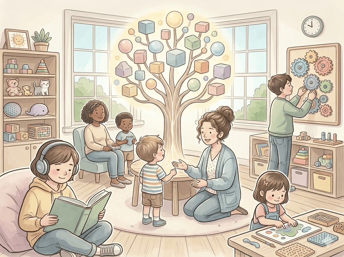 Ilustración de un salón inclusivo: niños y adultos en distintas actividades — lectura con auriculares, juego sensorial, mural de engranajes y pintura — y un árbol simbólico con formas de colores que representa diversas formas de aprender.